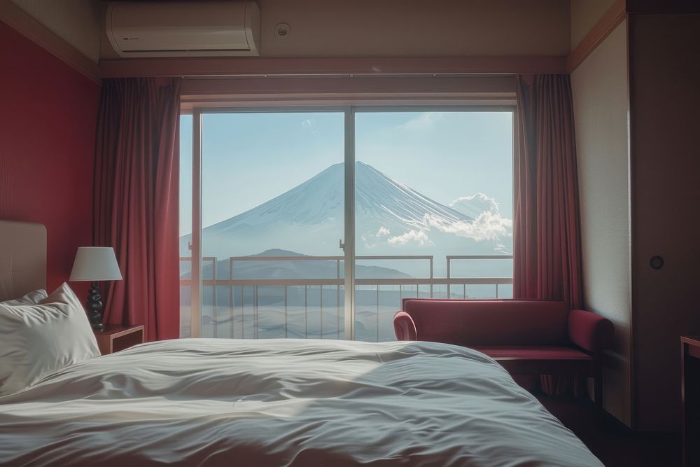 Hotel bedroom and fuji view in japan of barcony architecture furniture building.