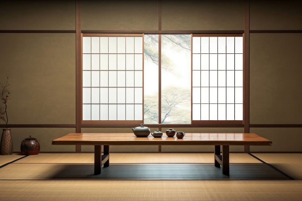 Japanese dinning room with With a Tokonoma Display in view of window furniture indoors table.