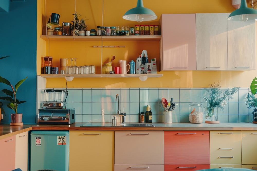 Kitchen in the colorful modern swedish scandinavian style refrigerator appliance furniture.