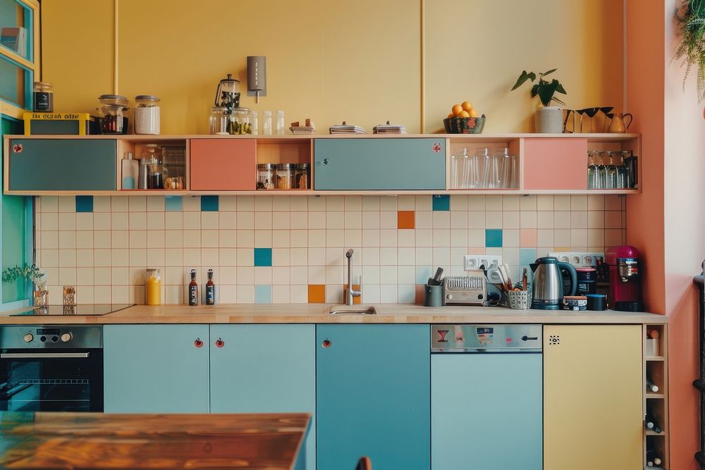 Kitchen in the colorful modern swedish scandinavian style indoors interior design.