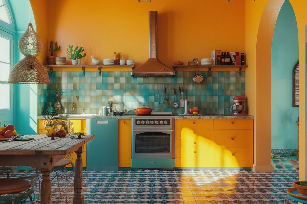 Kitchen in the colorful modern swedish scandinavian style appliance furniture microwave.