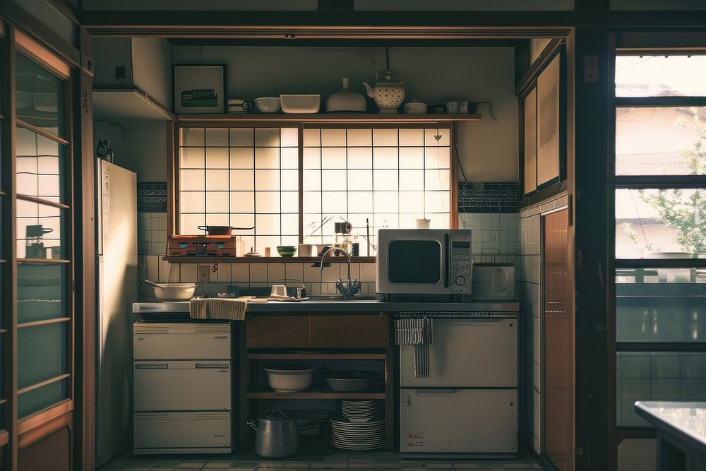 Kitchen in the japanese minimal style appliance microwave furniture.