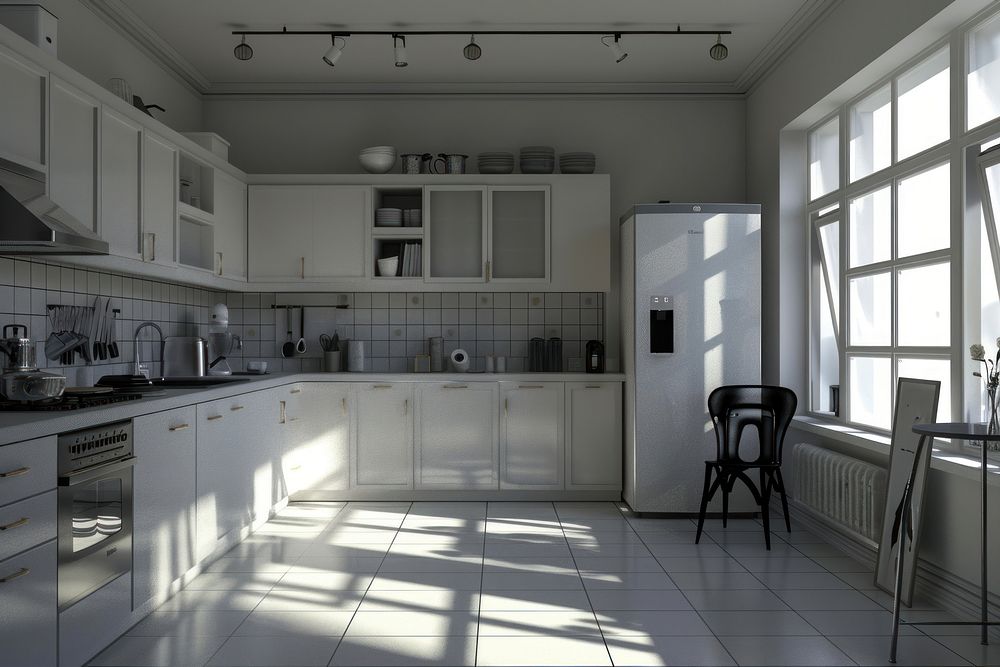 Kitchen in the modern style refrigerator furniture appliance.