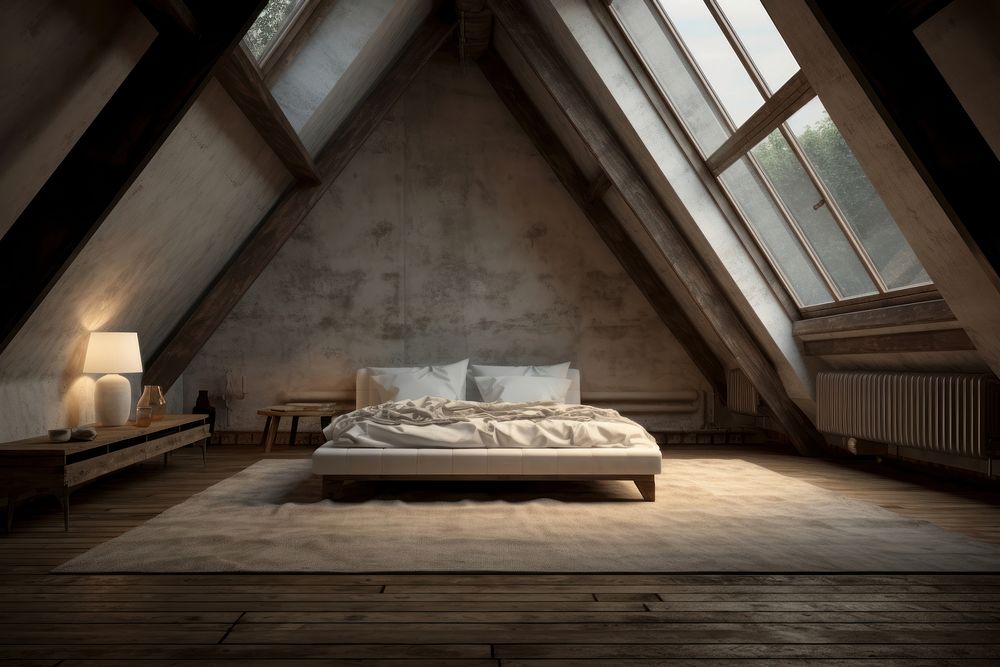 Loft bedroom in the sloped roof architecture furniture building.