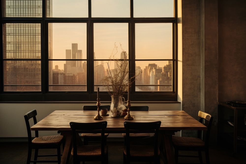 Loft dinning room in NYC view of window architecture windowsill furniture.