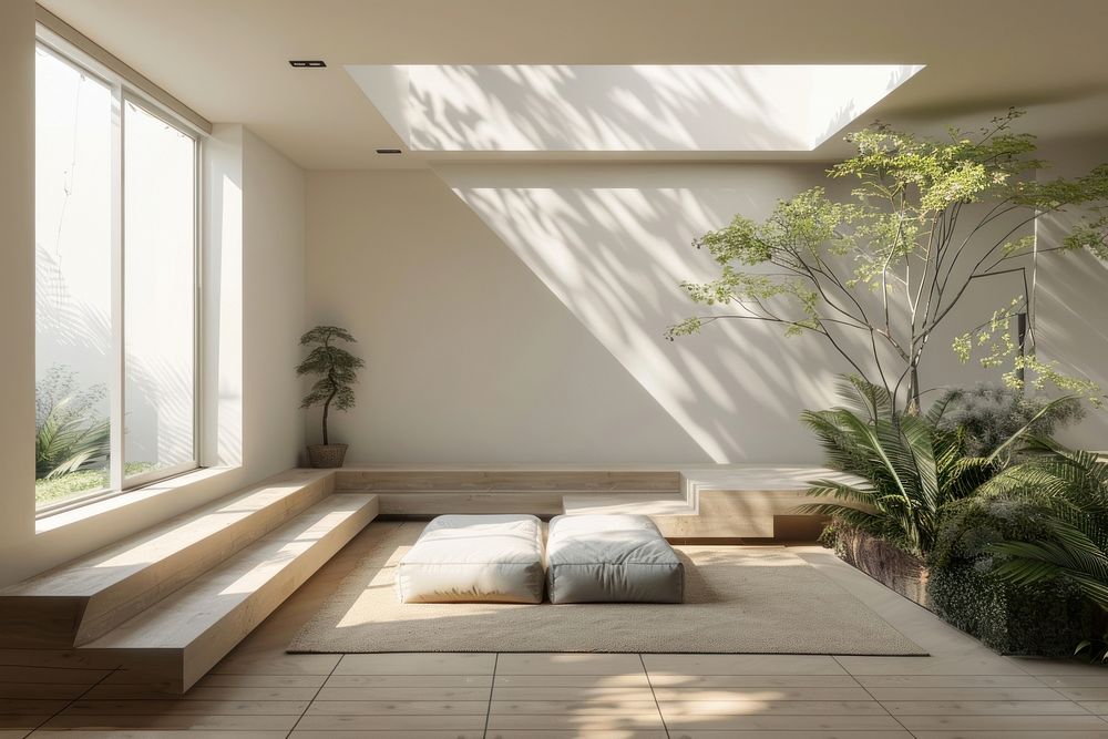 Minimal living room with cortyard view architecture furniture building.
