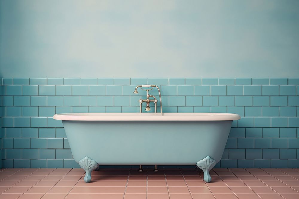 Mid-century bathtub with blue pastel color tiles bathing indoors person.