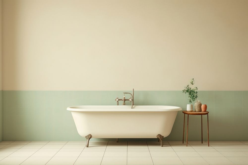 Mid-century bathtub with offwhite pastel color tiles furniture bathing indoors.