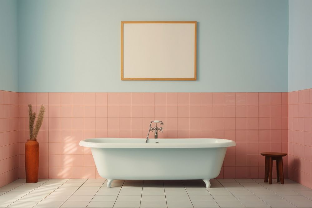Mid-century bathtub with offwhite pastel color tiles bathing indoors person.
