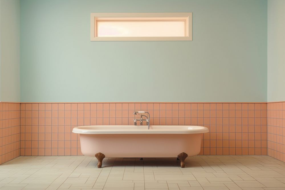 Mid-century bathtub with offwhite pastel color tiles bathing indoors person.