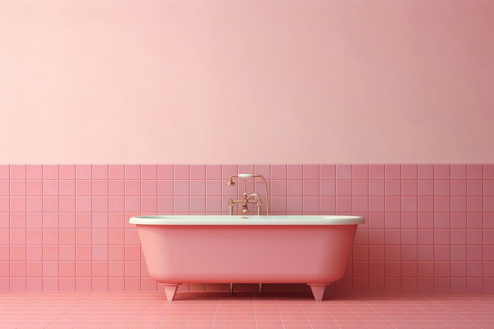 Mid-century bathtub with pink pastel color tiles bathing person human.