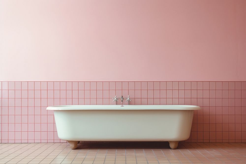Mid-century bathtub with pink pastel color tiles bathing jacuzzi person.