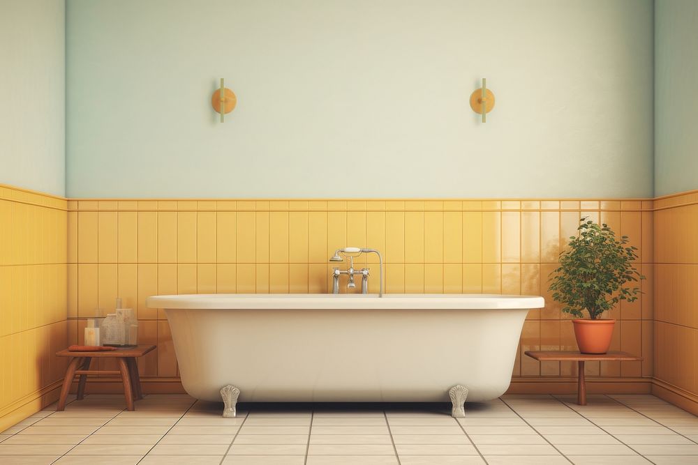 Mid-century bathtub with yellow pastel color tiles bathing indoors person.
