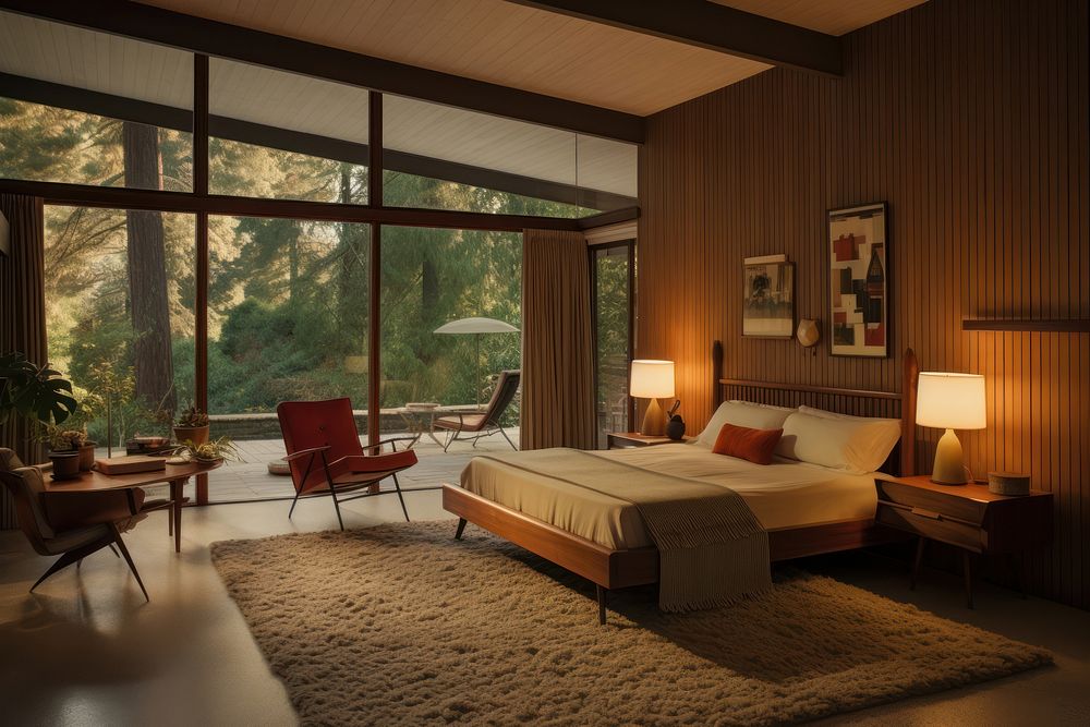 Mid-century bedroom in the sloped roof architecture furniture painting.
