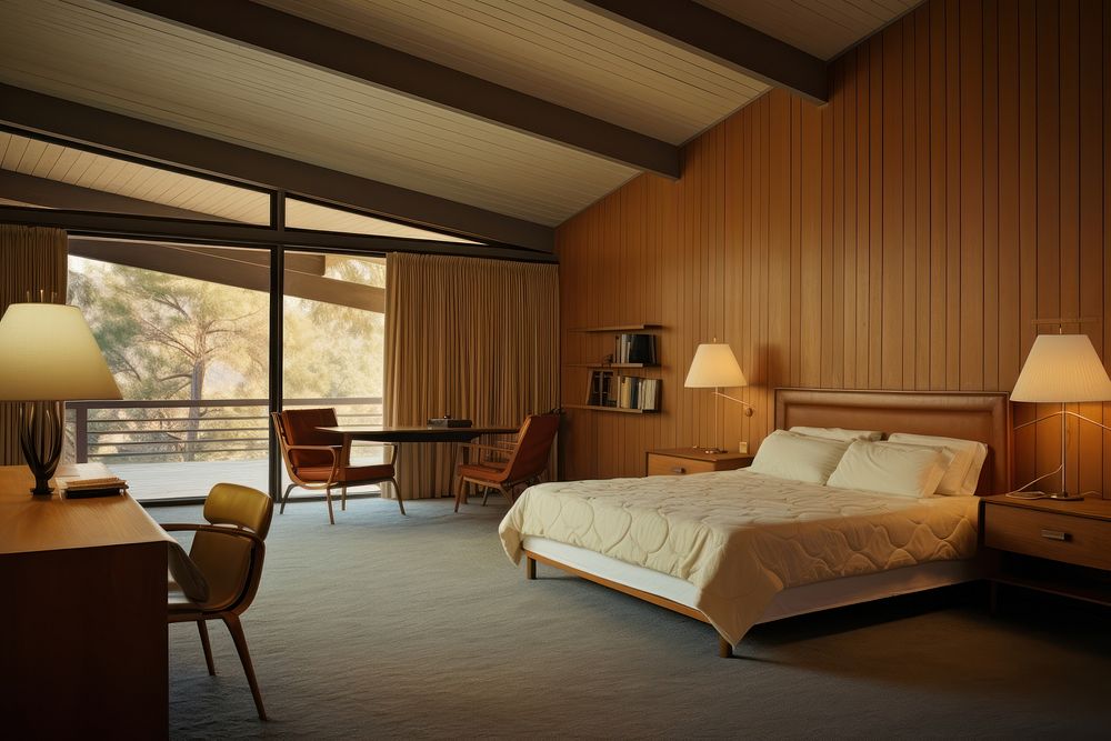 Mid-century bedroom in the sloped roof architecture furniture building.