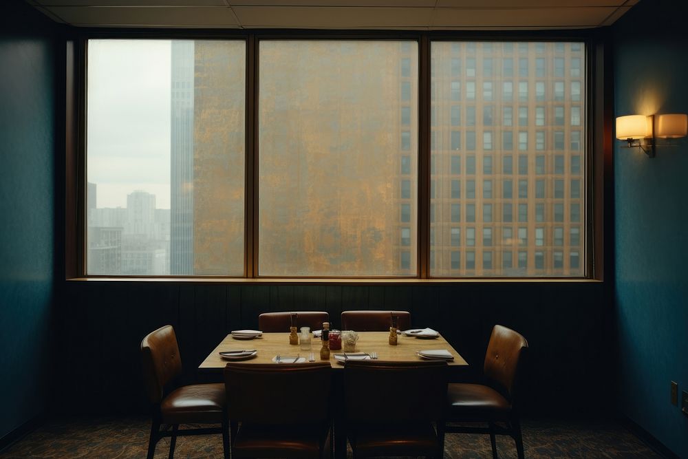 Mid-century dinning room in NYC view of window architecture furniture building.