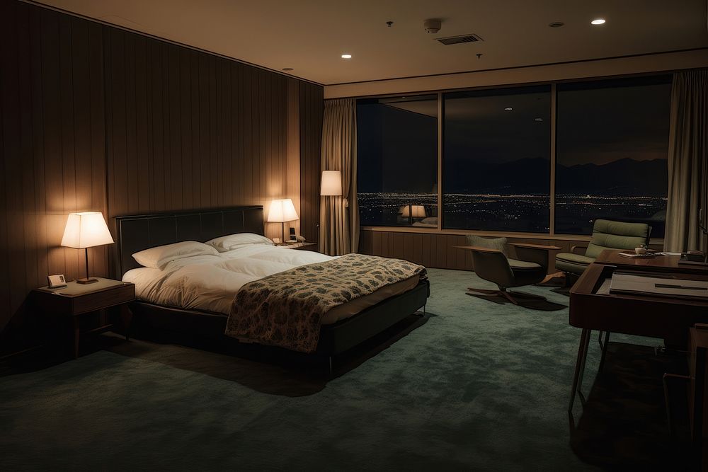 Midcentury hotel bedroom and have night view in japan of barcony architecture furniture building.