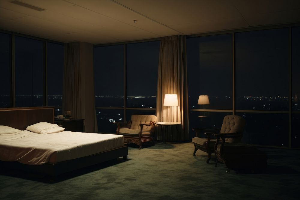Midcentury hotel bedroom and have night view in japan of barcony architecture furniture penthouse.
