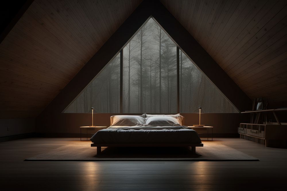 Modern bedroom in the sloped roof architecture furniture building.