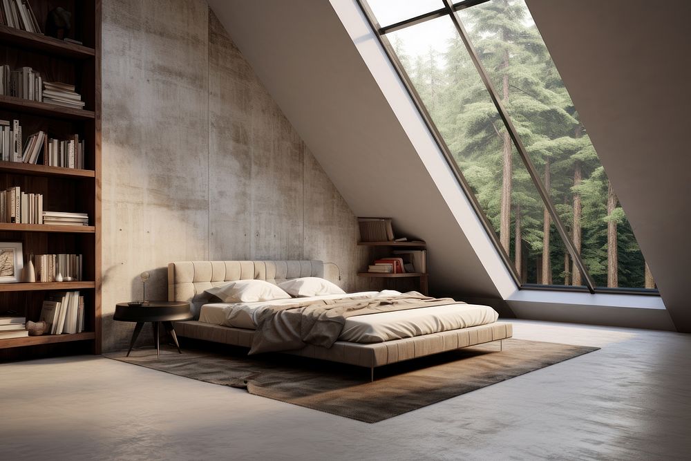Modern bedroom in the sloped roof architecture furniture building.