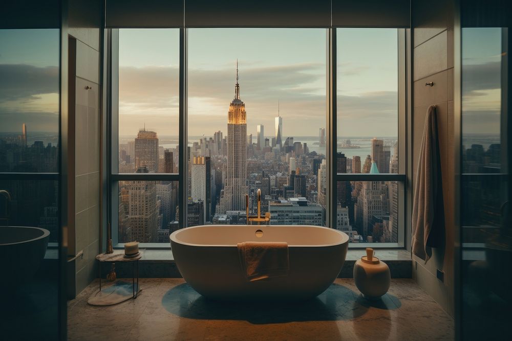 Modern hotel bathtub and have city NYC view of window architecture cityscape building.