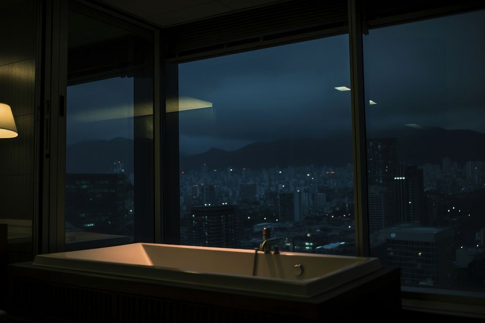 Modern hotel bathtub and have night view in japan of window architecture cityscape building.