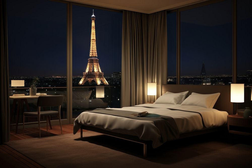 Modern hotel bedroom and have night view in france eiffel tower of barcony architecture accessories furniture.