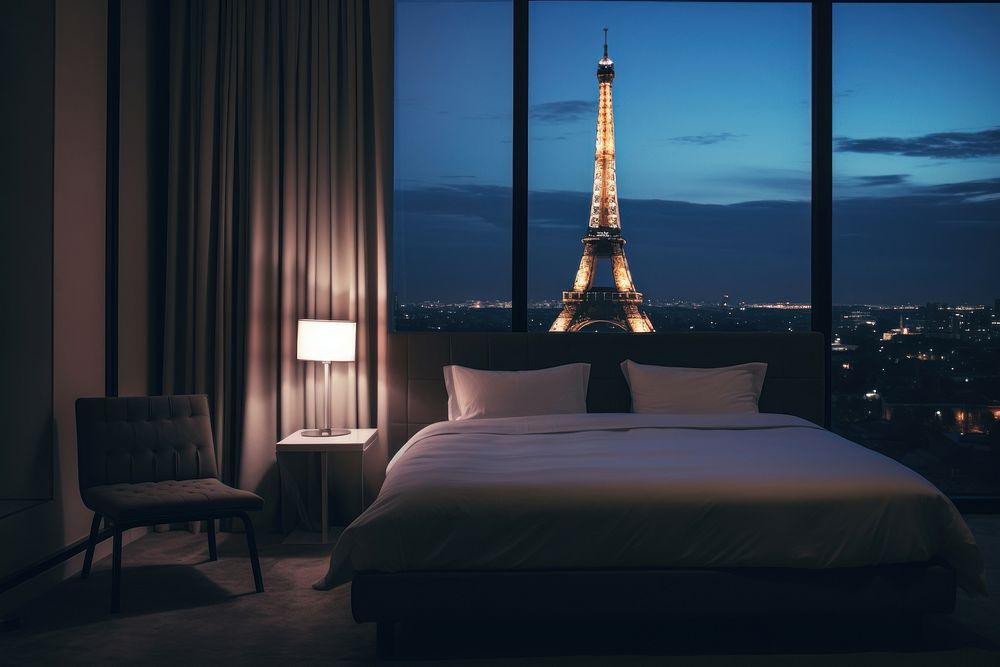 Modern hotel bedroom and have night view in france eiffel tower of barcony architecture furniture building.