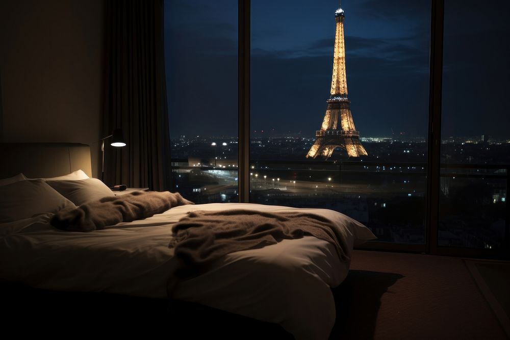 Modern hotel bedroom and have night view in france eiffel tower of barcony transportation architecture automobile.