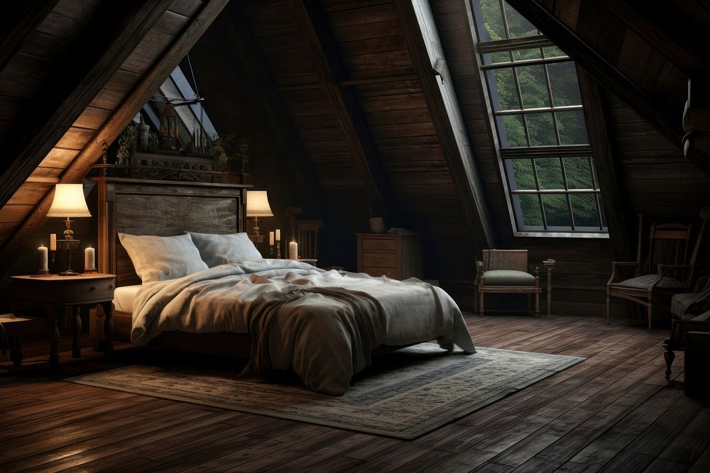 Nordic bedroom in the sloped roof architecture furniture building.