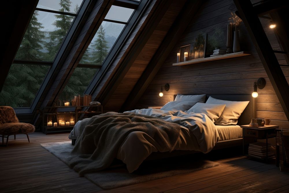 Nordic bedroom in the sloped roof architecture furniture building.