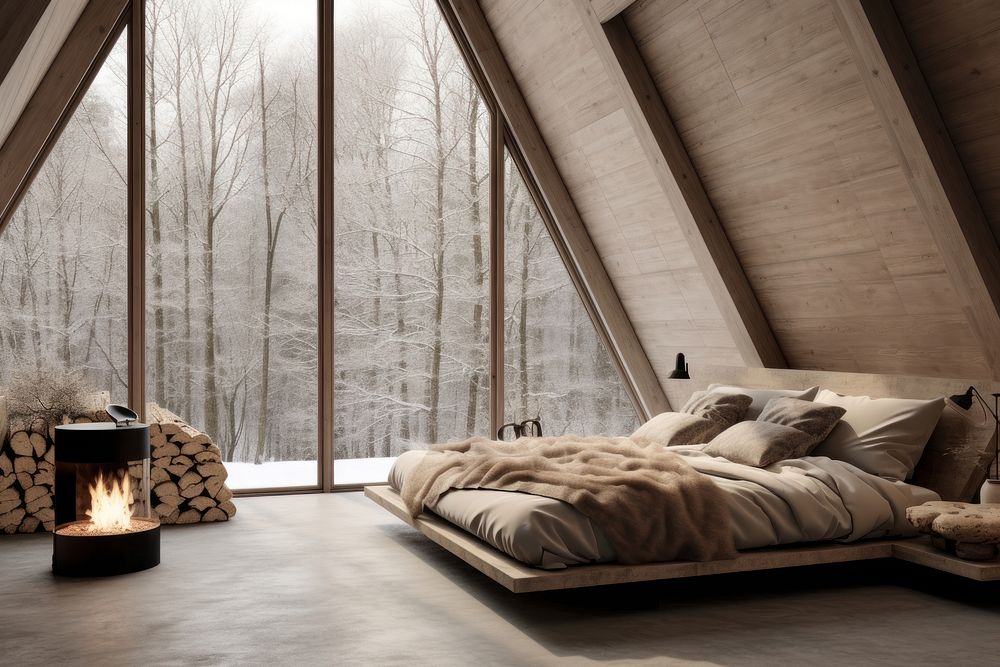 Nordic bedroom in the sloped roof architecture fireplace furniture.