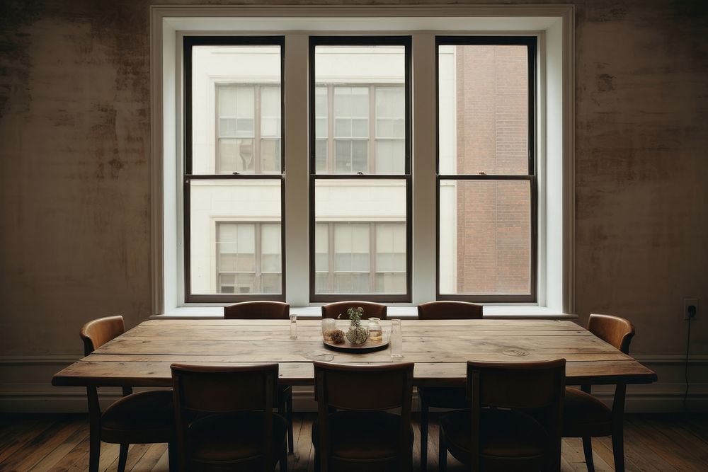 Nordic dinning room in NYC view of window architecture windowsill furniture.