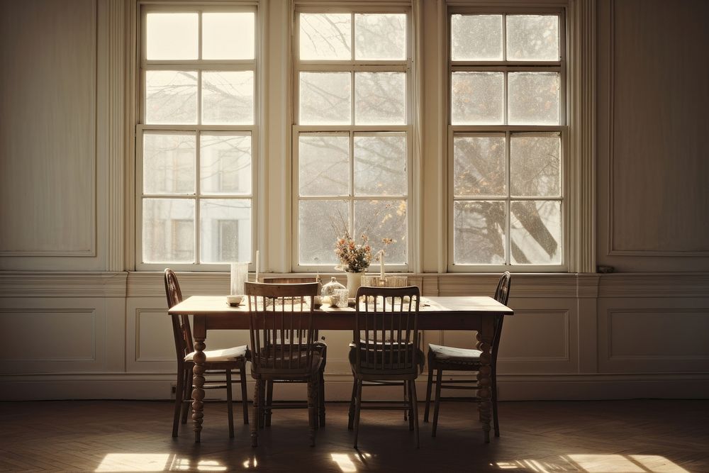 Scandinavian dinning room in NYC view of window architecture windowsill furniture.
