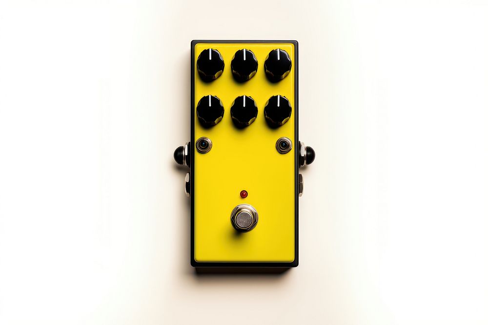 Overdrive guitar effect pedal white body and black face plate switch electrical device.