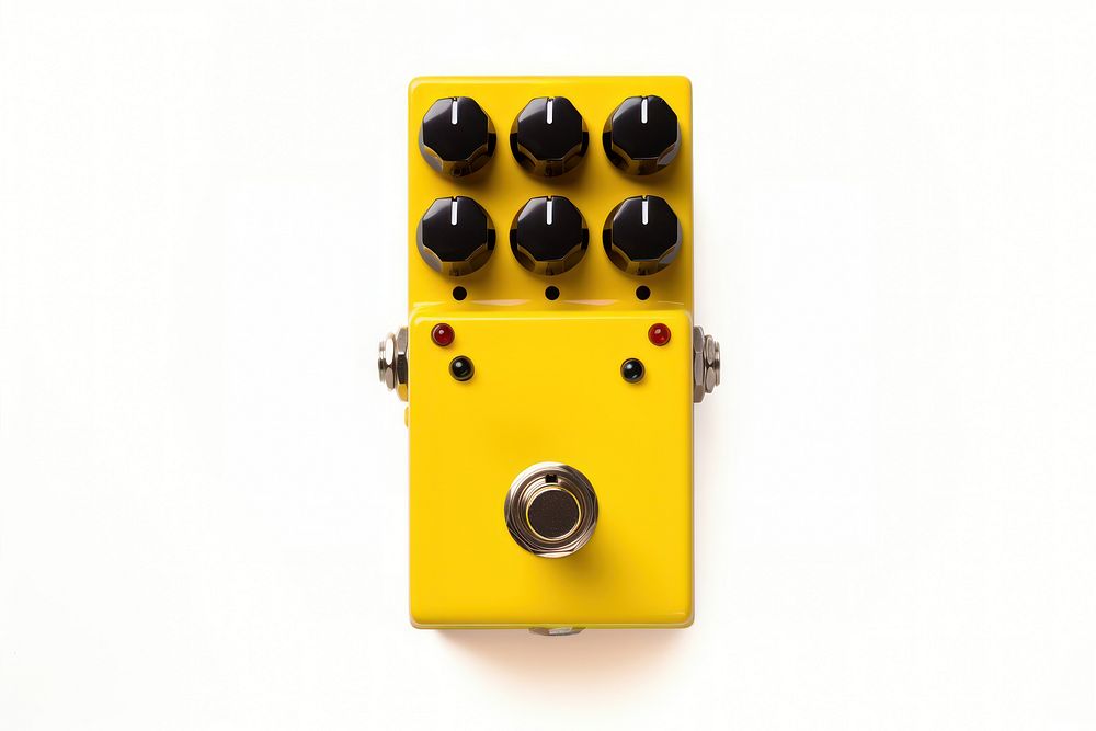 Overdrive guitar effect pedal yellow and black machine switch pump.