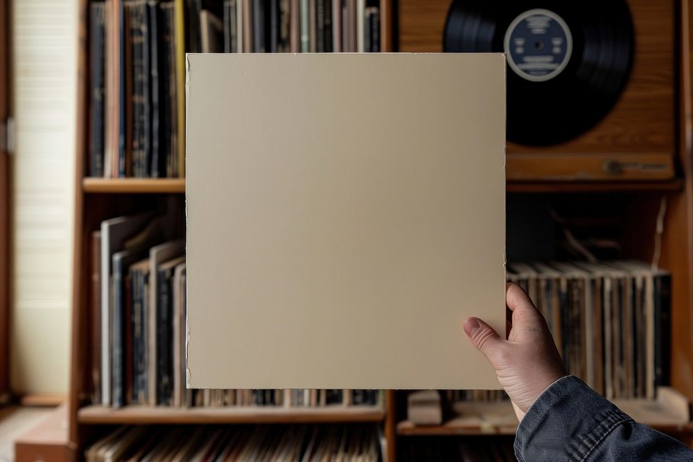 Hand holding blank square paper cover album vinyl record against libraly clapperboard publication electronics.