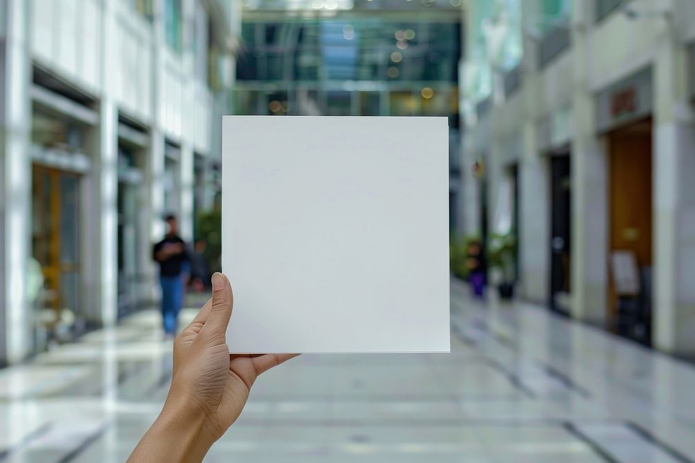 Hand holding blank square paper cover album vinyl record against mall advertisement indoors finger.