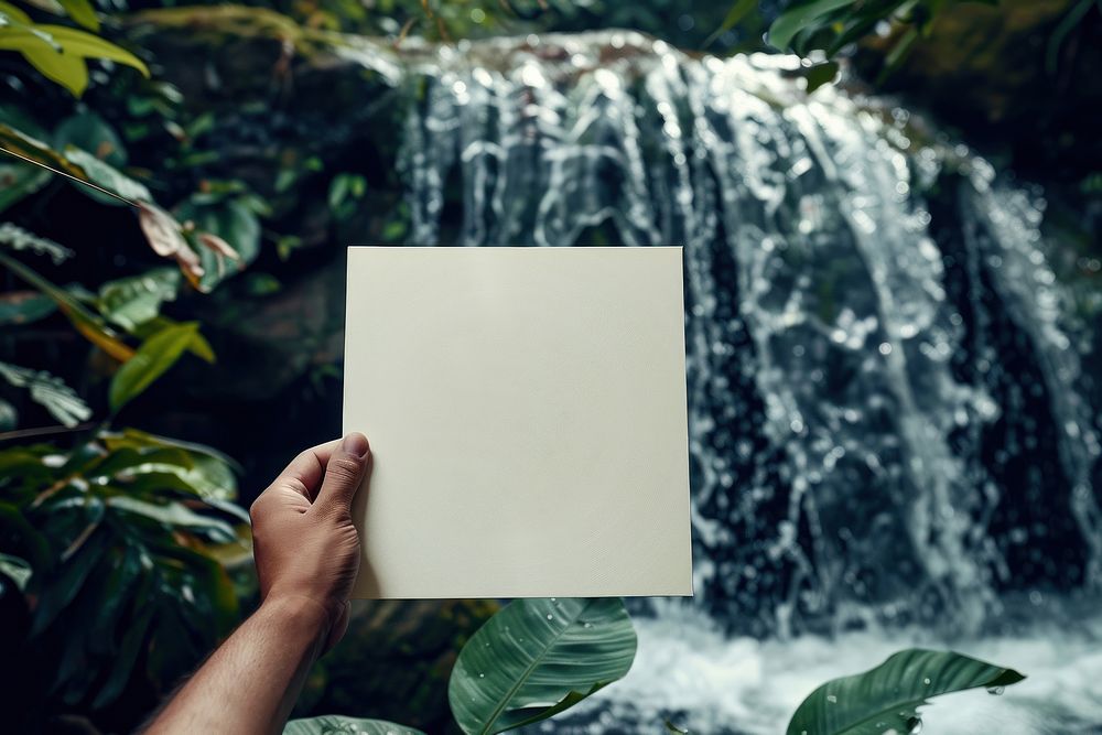 Hand holding blank square paper cover album vinyl record against waterfall outdoors photo photography.