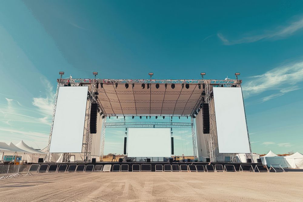 Outdoor concert stage construction with empty white tent and empty billboard outdoors architecture electronics.