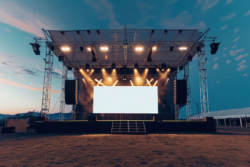 Outdoor concert stage construction with empty white tent and empty white billboard on the roof electronics screen white…