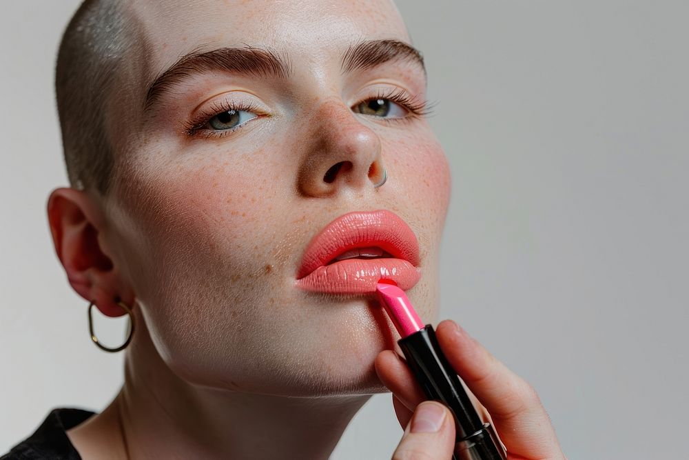 White transgender male holding and apply pink lipstick with confident pose cosmetics makeup.