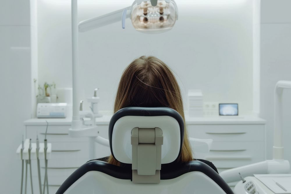 White woman mouth open sitting on dentist chair electronics headrest hardware.