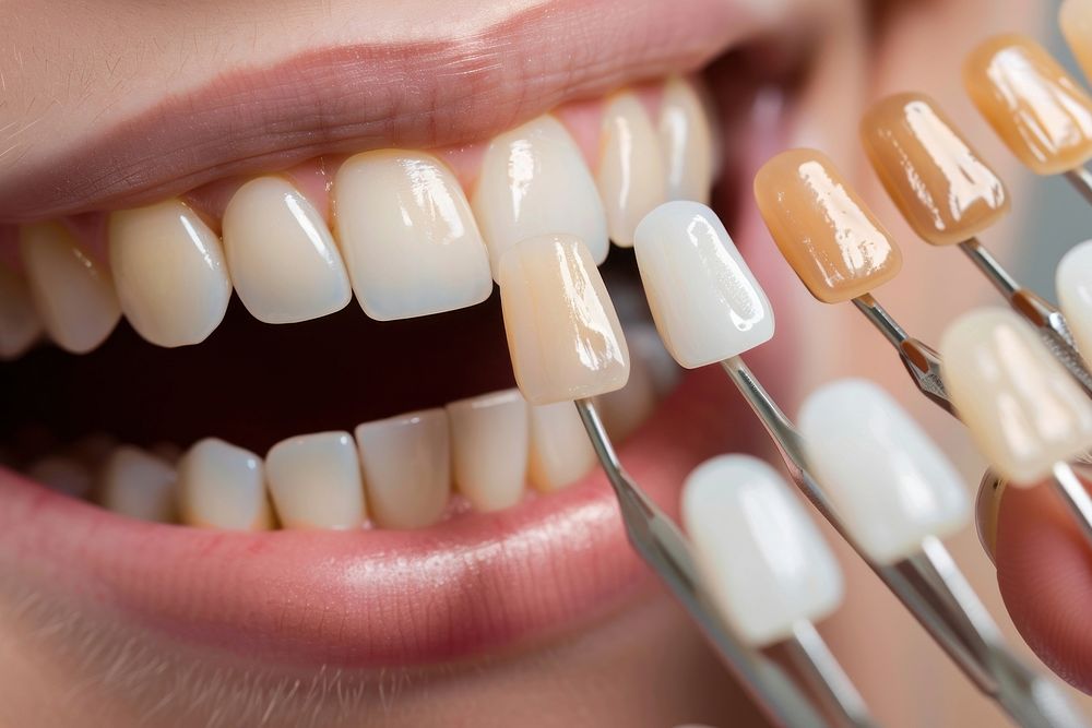 Woman take teeth color palette whiten medication toothbrush beverage.