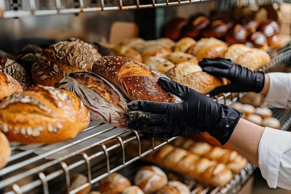 Woman hands with cooking gloves at a bakery rack full with bread appliance clothing apparel.