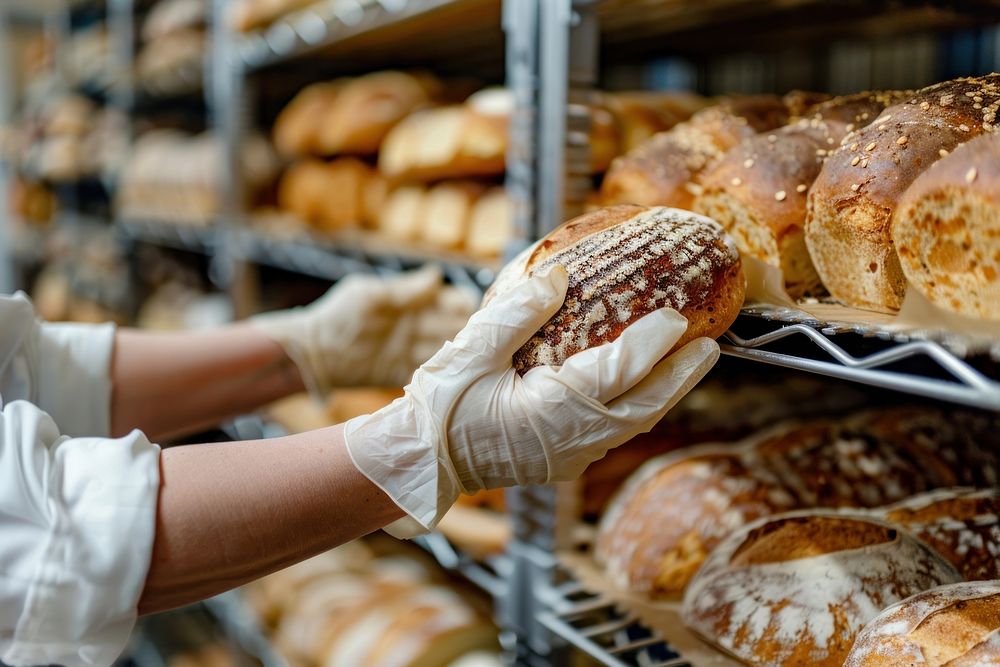 Woman hands with cooking gloves at a bakery rack full with bread clothing apparel person.