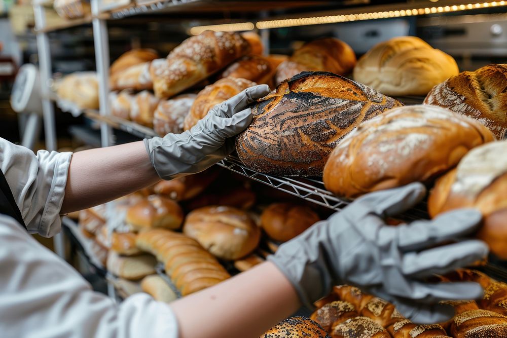 Woman hands with cooking gloves at a bakery rack full with bread clothing apparel person.