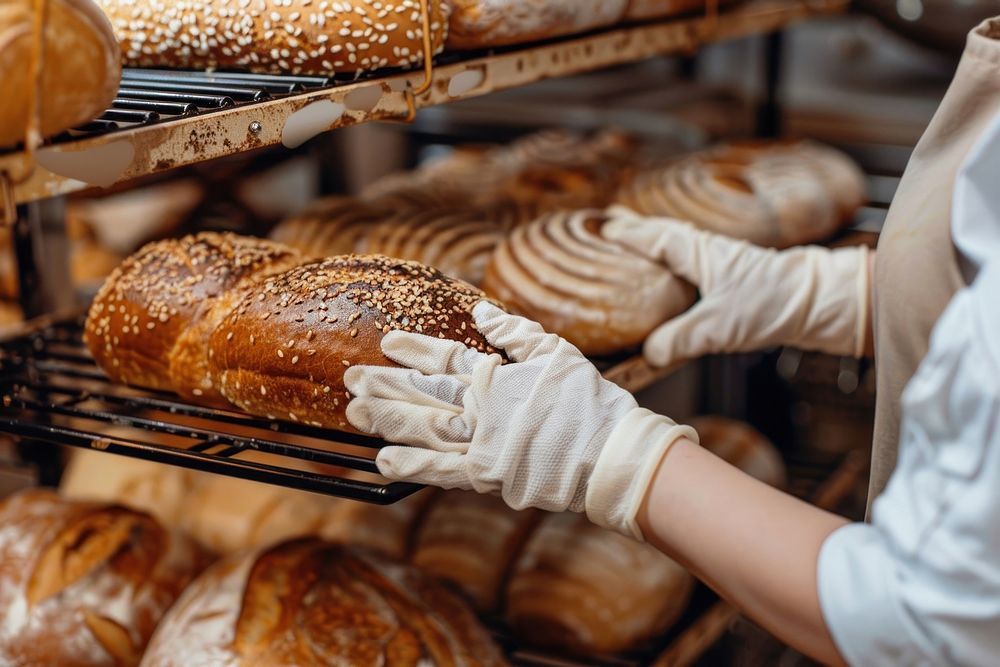 Woman hands with cooking gloves at a bakery rack full with bread clothing apparel female.