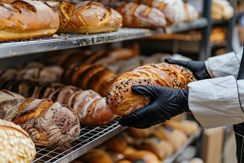 Woman hands with cooking gloves at a bakery rack full with bread clothing apparel female.