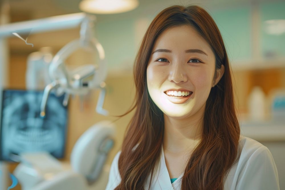 A asian woman dentist smile aganist dental person female happy.